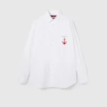 white cotton anchor embroidery chest pocket button fastening long sleeves