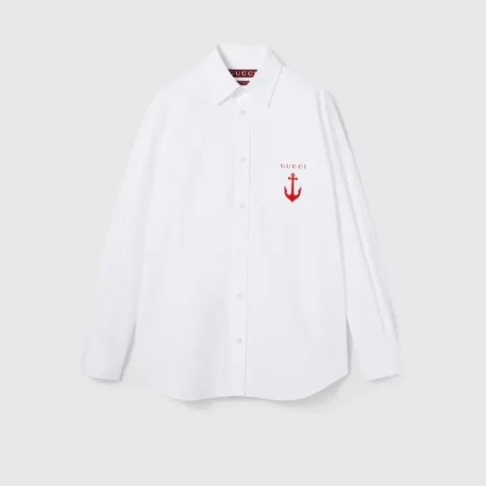 white cotton anchor embroidery chest pocket button fastening long sleeves - Image 1