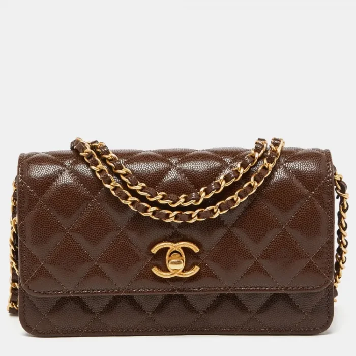 Chanel Brown Quilted Caviar Leather Wallet on Chain - Image 1