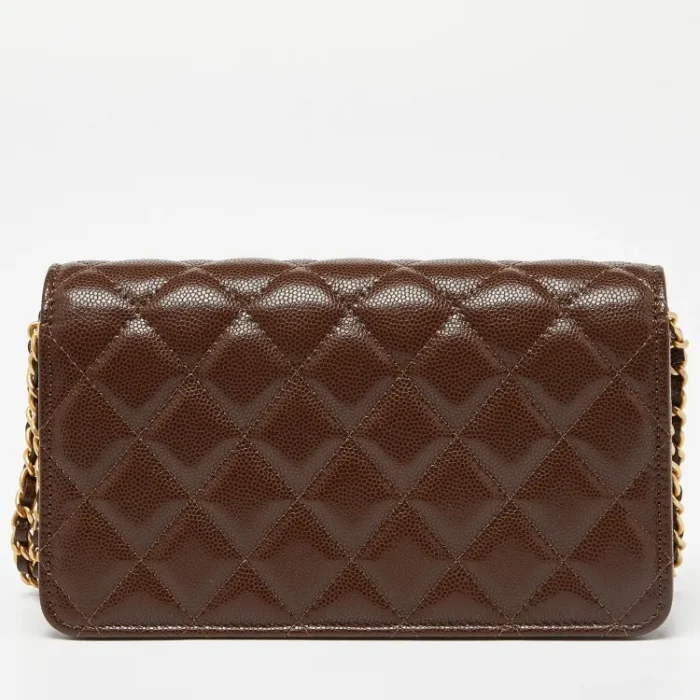 Chanel Brown Quilted Caviar Leather Wallet on Chain - Image 3